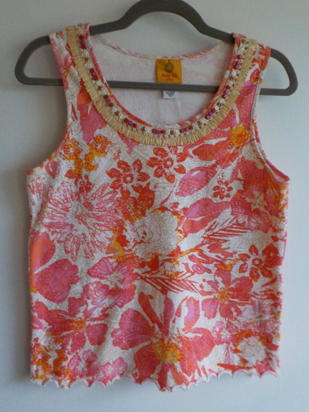 Ruby Rd. Blouse Tank - Petite Medium - COTTON Tropical Orange/White/Pink (2406)